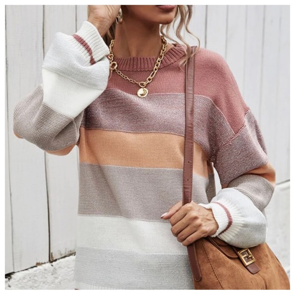 BOHO LOOSE FIT STRIPED COLOR BLOCK KNIT PULLOVER - Picture 4 of 6